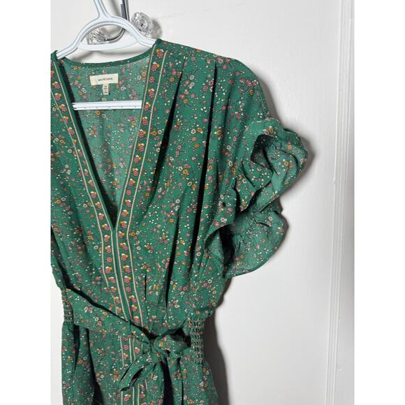 Max Studio Green Floral Ruffle Faux Wrap Short Sleeve Boho Top Blouse Medium - Picture 7 of 9